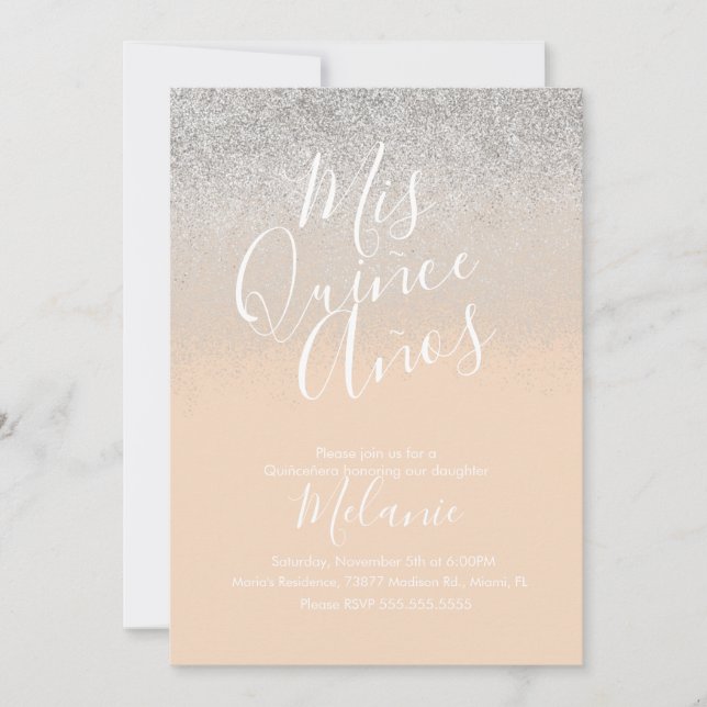 Invitación Quiñce Faux Purpurina Diamond Peach Silver Cumplea (Anverso)