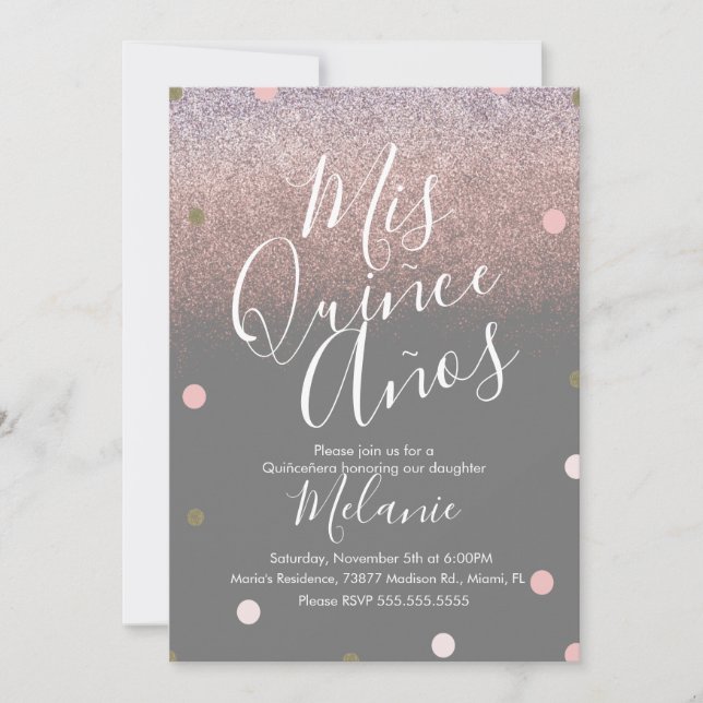 Invitación Quiñce Faux Purpurina Dots Gold Pink Cumpleaños (Anverso)