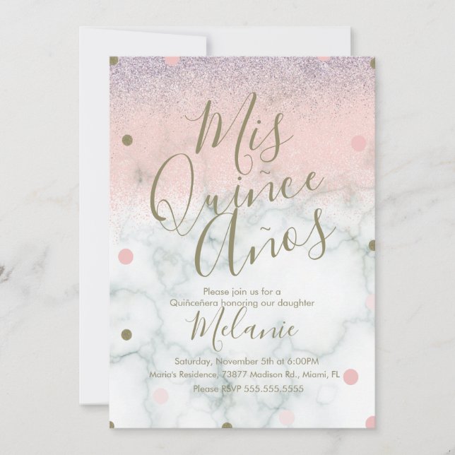 Invitación Quiñce Faux Purpurina Dots Gold Pink Marble (Anverso)