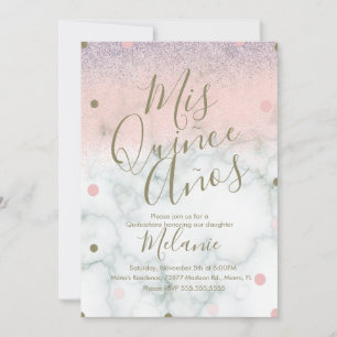 Invitación Quiñce Faux Purpurina Dots Gold Pink Marble