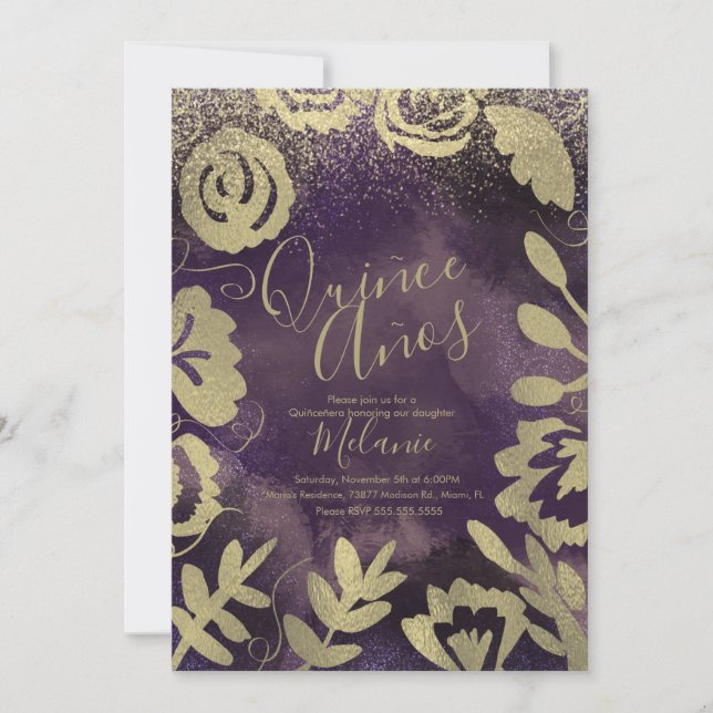 Invitación Quiñce Faux Purpurina Purple Floral Gold Cumpleaño (Anverso)