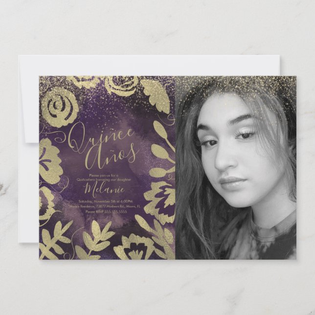 Invitación Quiñce Faux Purpurina Purple Floral Gold Photo (Anverso)