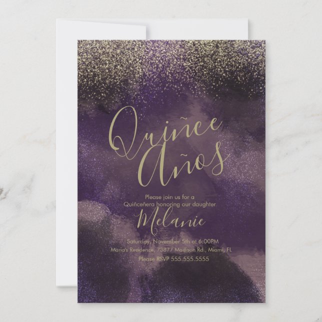 Invitación Quiñce Faux Purpurina Purple Gold Resumen Cumpleañ (Anverso)