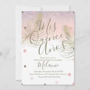 Invitación Quince puntos de purpurina falsos dorados rosa