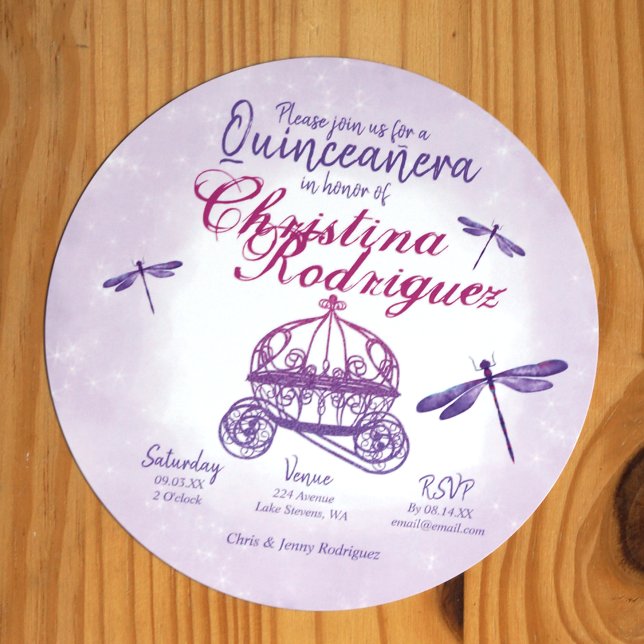 Invitación Quinceañera (Princess purple quinceanera invitation mis quince horse carriage glitter and dragonflies)