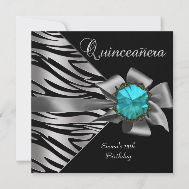 Invitación Quinceanera 15ª Cebra Plata Verde azulado Black Gr (Anverso)