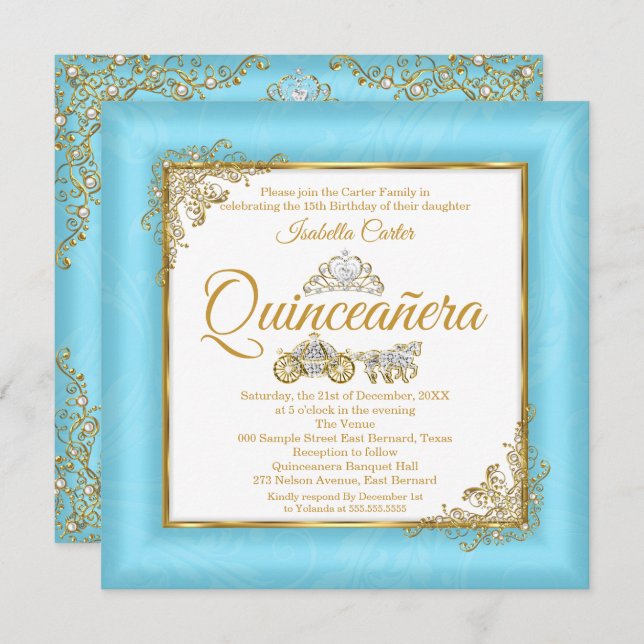 Invitación Quinceanera 15ª Cenicienta Perla Azul Tiara Foto (Anverso / Reverso)