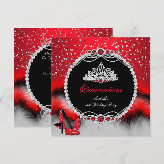 Invitación Quinceanera 15ª Fiebre Rojo Perla Glamour Talones (Anverso / Reverso)