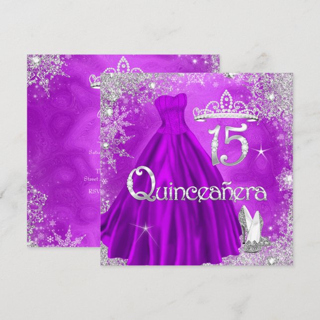 Invitación Quinceanera 15ª Fiesta de copos de nieve de plata  (Anverso / Reverso)