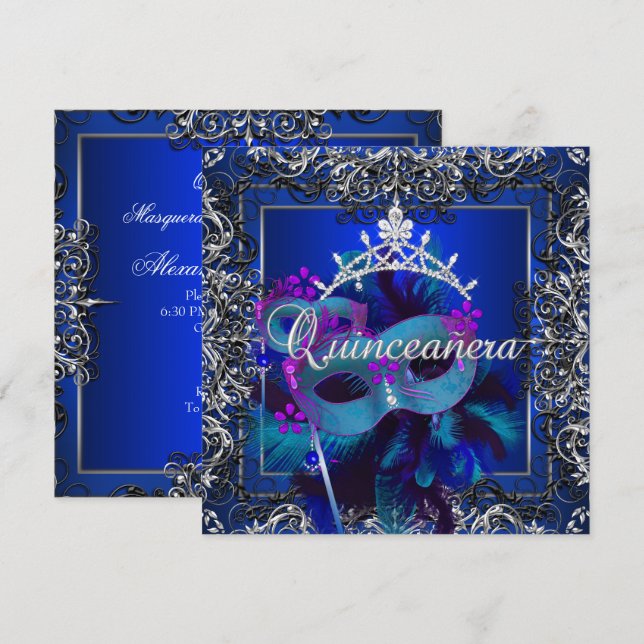 Invitación Quinceanera 15ª fiesta de cumpleaños azul (Anverso / Reverso)