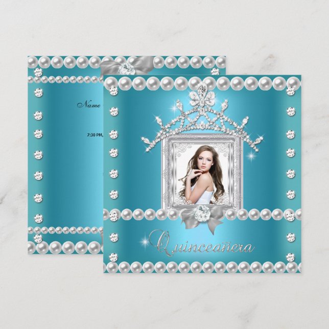 Invitación Quinceanera 15ª fiesta de cumpleaños azul Verde az (Anverso / Reverso)