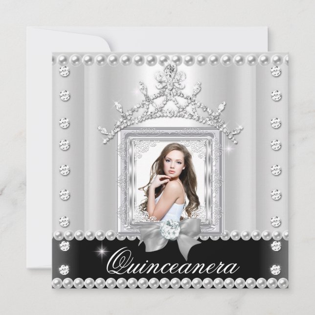 Invitación Quinceanera 15ª fiesta de cumpleaños blanco negro (Anverso)