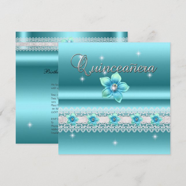 Invitación Quinceanera 15ª fiesta de cumpleaños floral azul V (Anverso / Reverso)