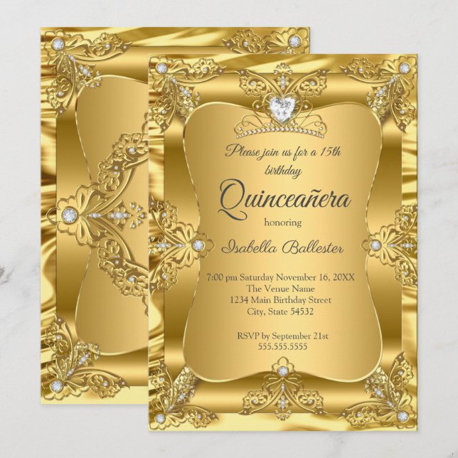Invitación Quinceanera 15ª Fiesta de Cumpleaños Gemas de Oro  (Anverso / Reverso)