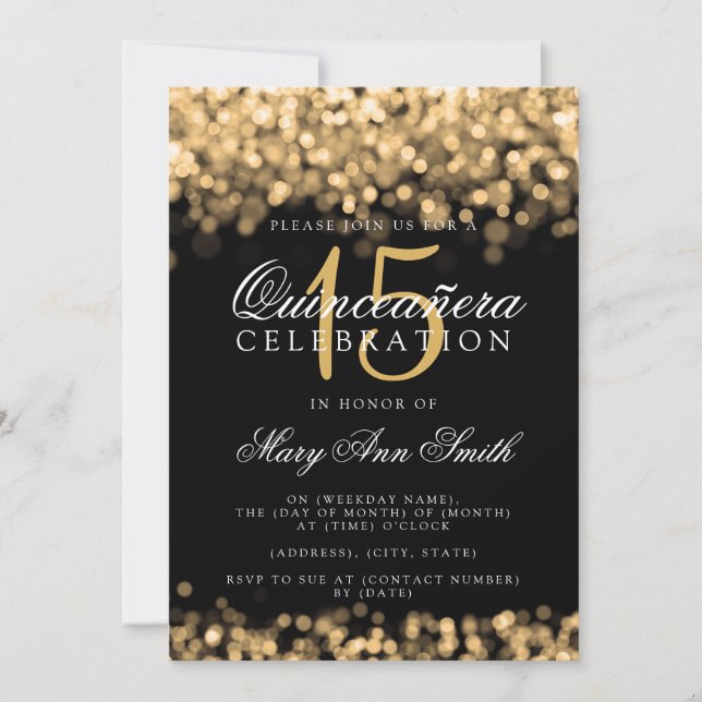Invitación Quinceanera 15ª Fiesta de Cumpleaños Luces de Oro (Anverso)