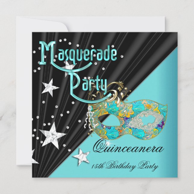 Invitación Quinceanera 15ª fiesta de cumpleaños máscara Verde (Anverso)