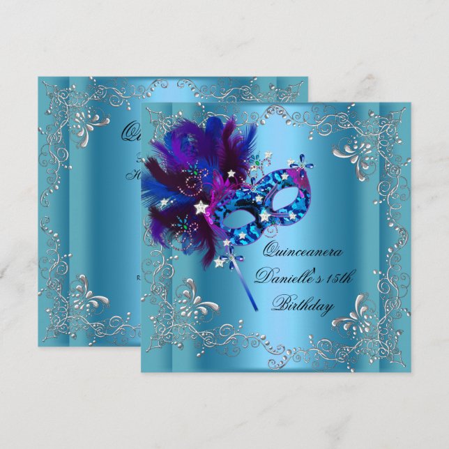 Invitación Quinceanera 15ª fiesta de cumpleaños mascarada azu (Anverso / Reverso)