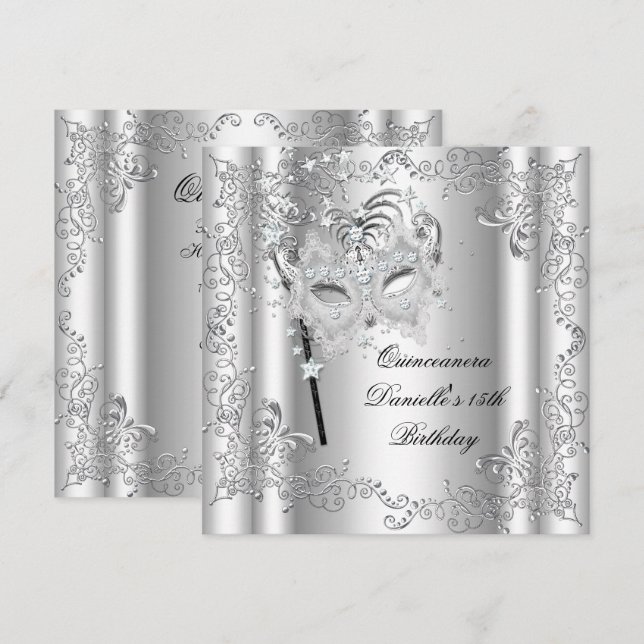 Invitación Quinceanera 15ª fiesta de cumpleaños mascarada pla (Anverso / Reverso)