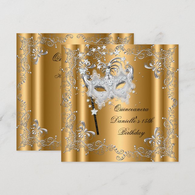 Invitación Quinceanera 15ª fiesta de cumpleaños Masquerade Go (Anverso / Reverso)
