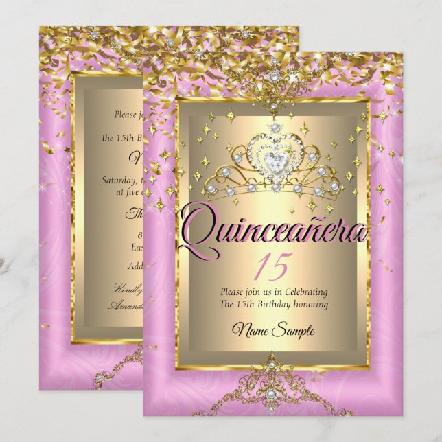 Invitación Quinceanera 15ª Fiesta de Cumpleaños Rosa de Oro (Anverso / Reverso)