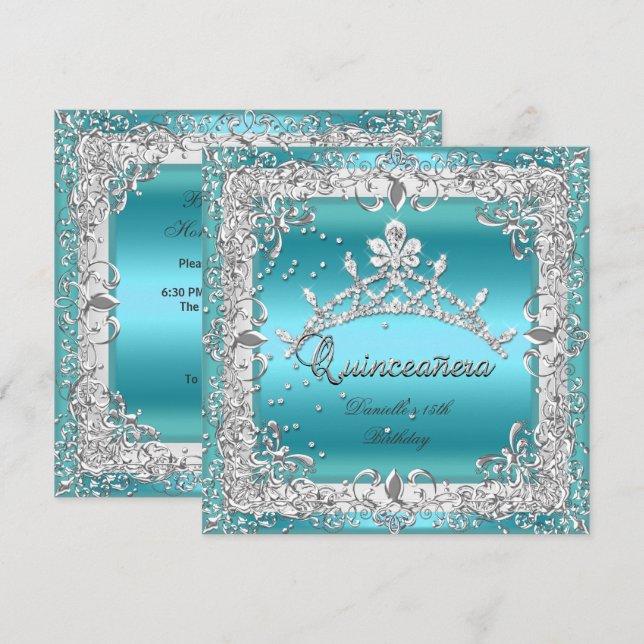 Invitación Quinceanera 15ª fiesta de cumpleaños Silver Verde  (Anverso / Reverso)