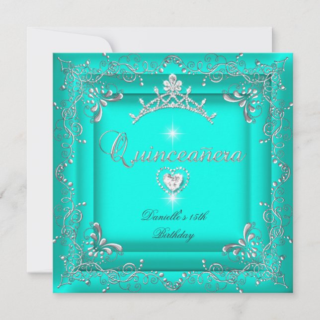 Invitación Quinceanera 15ª fiesta de cumpleaños Verde azulada (Anverso)