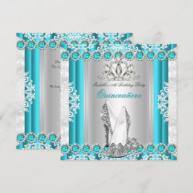 Invitación Quinceanera 15ª Fiesta de Cumpleaños Verde azulado (Anverso / Reverso)