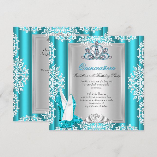 Invitación Quinceanera 15ª Fiesta de Cumpleaños Verde azulado (Anverso / Reverso)