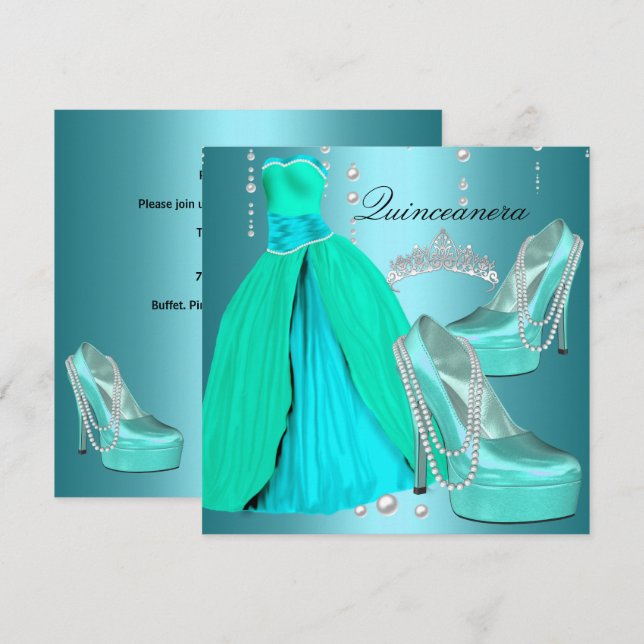 Invitación Quinceanera 15ª fiesta de cumpleaños Verde azulado (Anverso / Reverso)