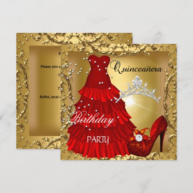 Invitación quinceanera 15ª fiesta de cumpleaños vestido rojo  (Anverso / Reverso)
