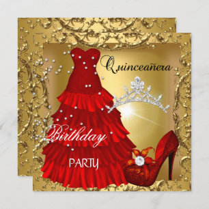 Invitación quinceanera 15ª fiesta de cumpleaños vestido rojo 