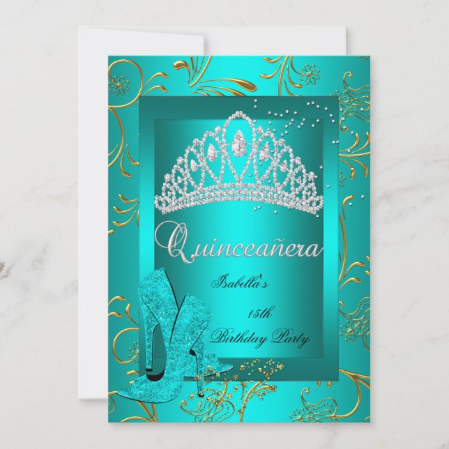 Invitación Quinceañera 15ª Fiesta Oro Verde azulado Purpurina (Anverso)