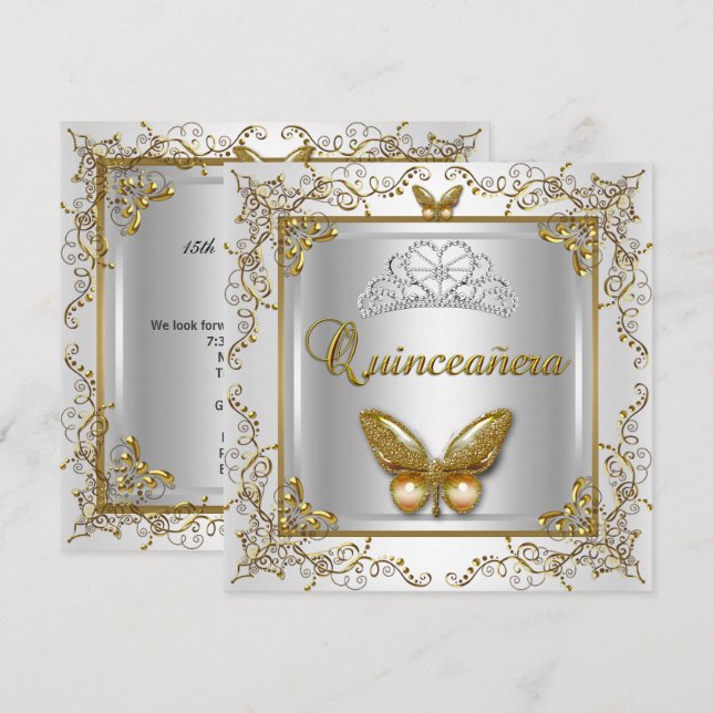 Invitación Quinceanera 15ª Fiesta Plata Mariposa de Oro Blanc (Anverso / Reverso)