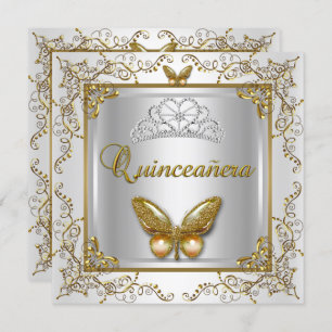 Invitación Quinceanera 15ª Fiesta Plata Mariposa de Oro Blanc