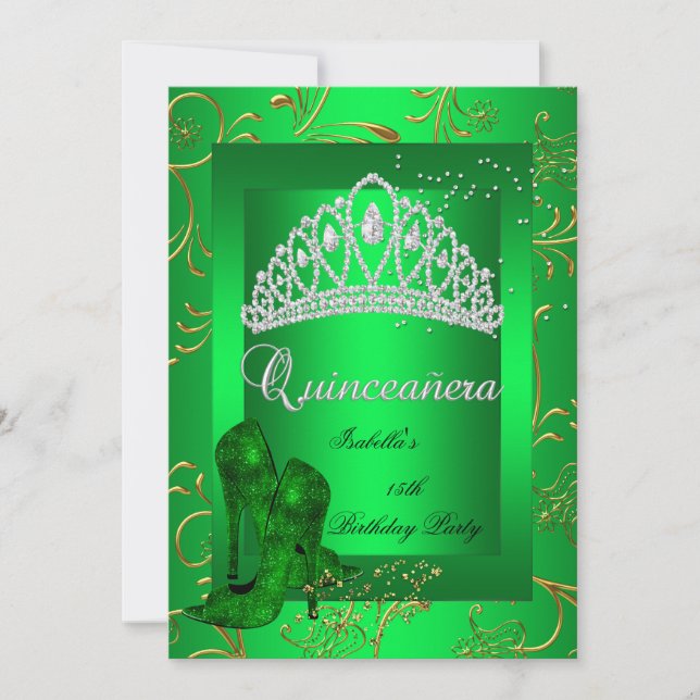 Invitación Quinceañera 15ª Fiesta Purpurina verde oro (Anverso)
