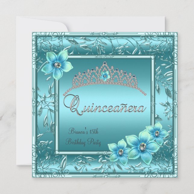 Invitación Quinceañera 15ª flor azul Verde azulada Plata Tiar (Anverso)