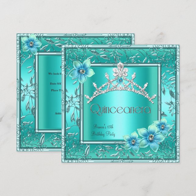 Invitación Quinceanera 15ª flor azul Verde azulada Tiara (Anverso / Reverso)