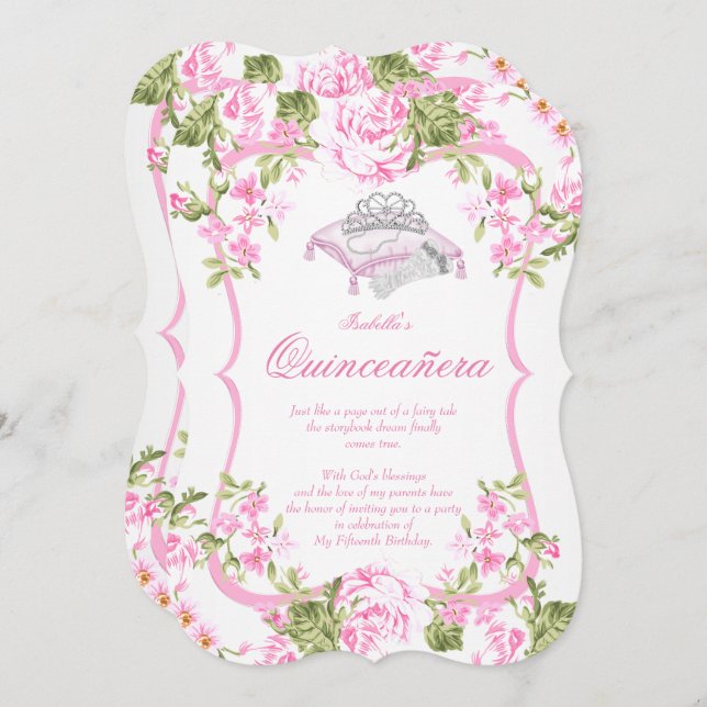 Invitación Quinceanera 15ª Flores de rosas dulces rosadas (Anverso / Reverso)