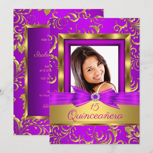 Invitación Quinceanera 15ª foto de Damasco de oro rosa morado (Anverso / Reverso)