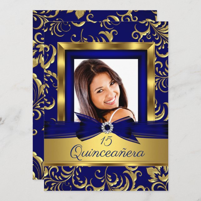 Invitación Quinceanera 15ª foto de la Marina Azul dorada flor (Anverso / Reverso)