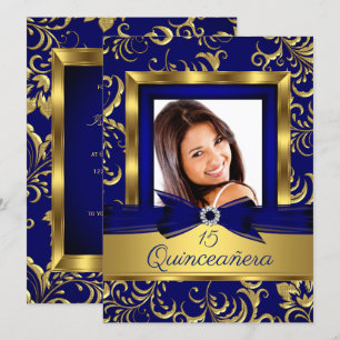 Invitación Quinceanera 15ª foto de la Marina Azul dorada flor