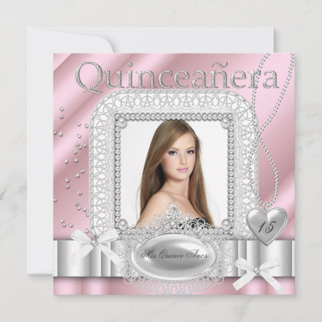 Invitación Quinceanera 15ª foto de Perla de encaje blanco ros (Anverso)