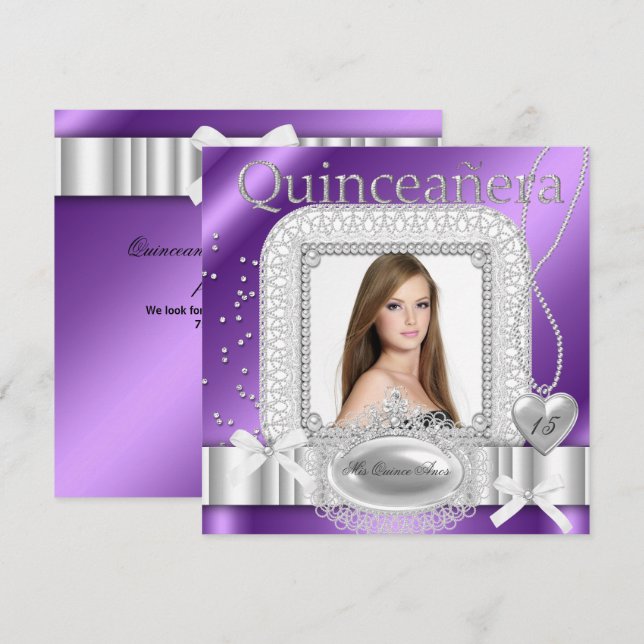 Invitación Quinceanera 15ª foto de Perla de Lazo Blanco Púrpu (Anverso / Reverso)