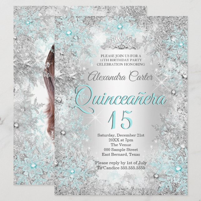 Invitación Quinceanera 15ª foto Plata Verde azulado copo de n (Anverso / Reverso)