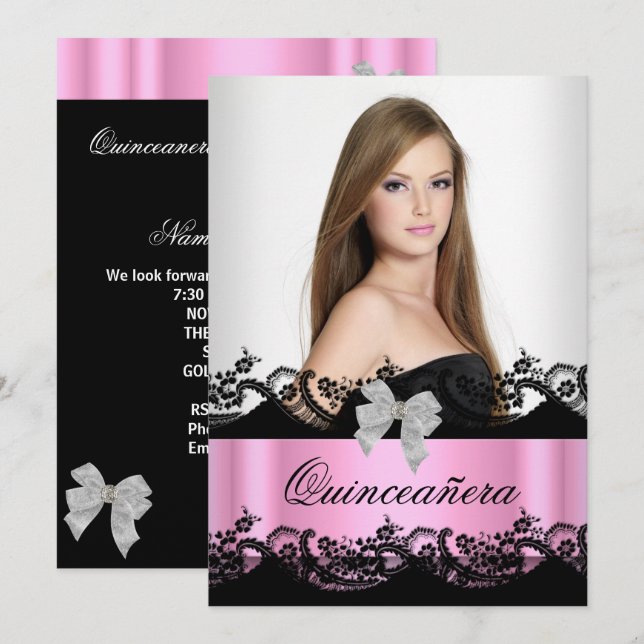 Invitación Quinceanera 15ª foto rosa de encaje blanco negro (Anverso / Reverso)