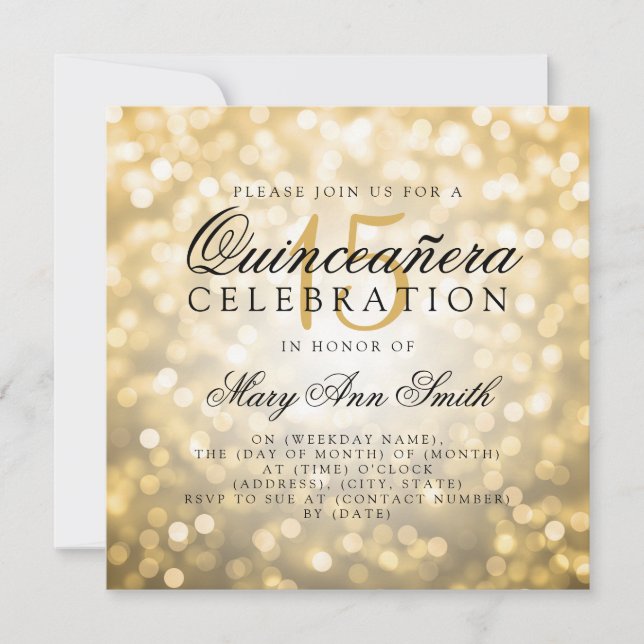 Invitación Quinceañera 15ª Luces de Bokeh de Oro (Anverso)