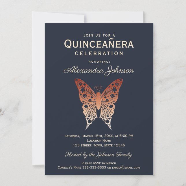 Invitación Quinceañera 15ª marina de cumpleaños y oro Rosa (Anverso)