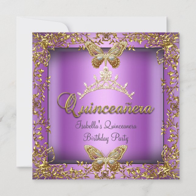 Invitación Quinceañera 15ª Mariposa de Oro Púrpura Rosa (Anverso)