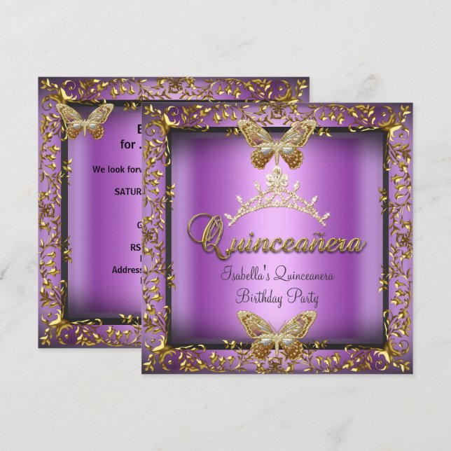 Invitación Quinceañera 15ª Mariposa de Oro Púrpura Rosa (Anverso / Reverso)