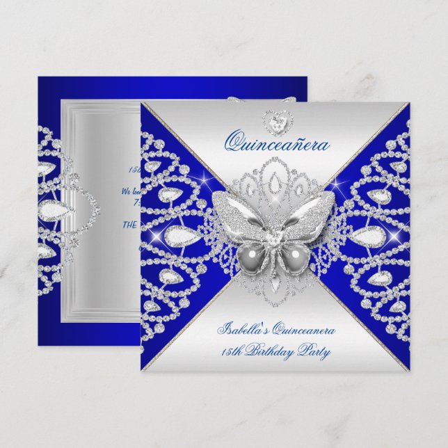 Invitación Quinceanera 15ª mariposa de plata azul Tiara (Anverso / Reverso)